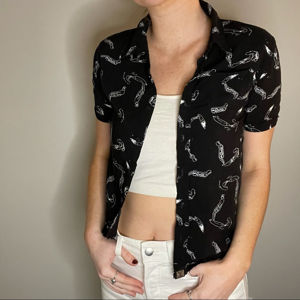 Black and white patterned button down